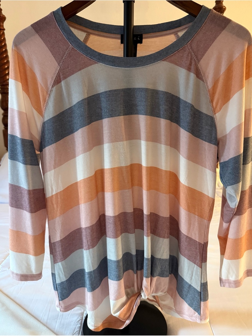 Striped Knit Long-Sleeve Sweater in Peach, Gray & Cream